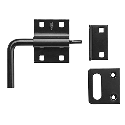 Black slide bolt latch with mounting plates for secure door and gate hardware in home improvement projects
