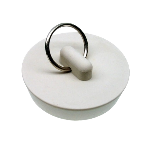 White rubber sink drain stopper with metal pull ring for plumbing repair and home improvement projects under $50