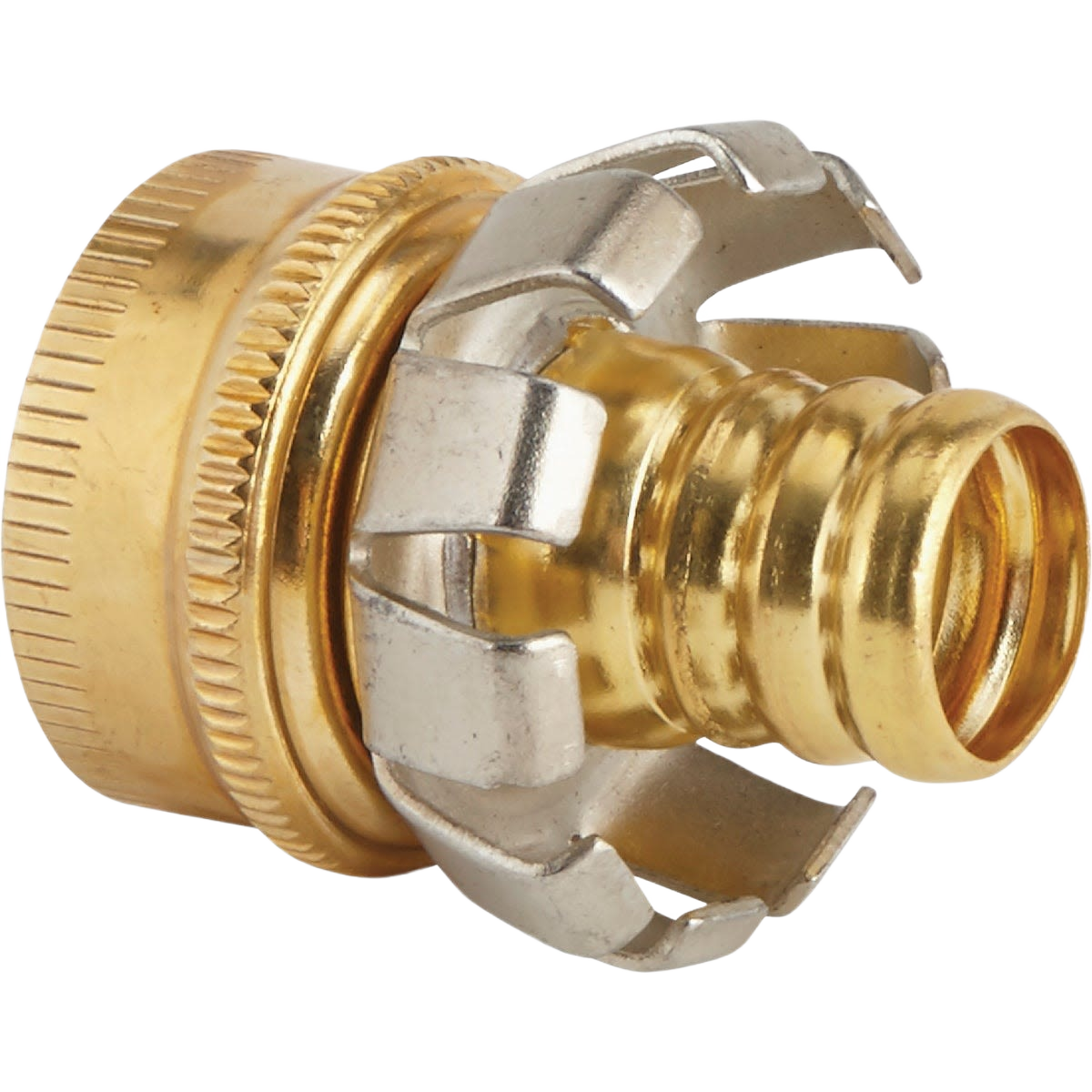 Brass female hose coupling mender with metal grip for garden hose repair and home improvement use