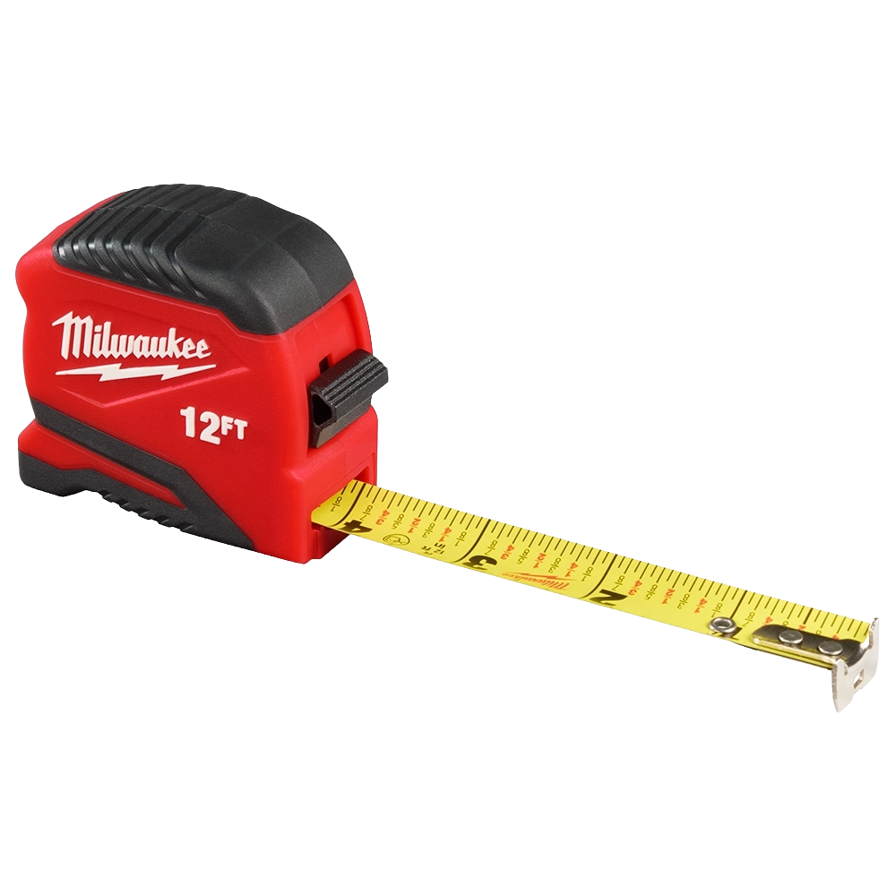Red and black compact tape measure with 12ft yellow blade for precision measuring in hand and woodworking tools collections