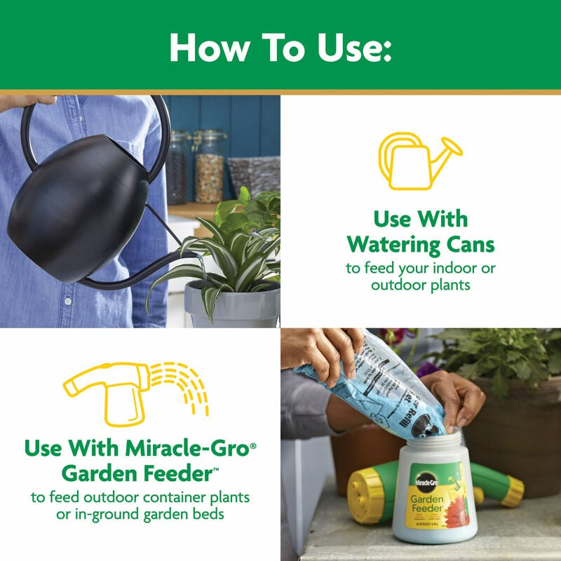 Person pouring water from a black watering can onto a green houseplant indoors and filling a garden feeder with plant food outdoors