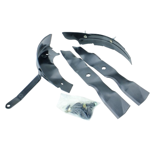 Set of black steel mulching blades and components with mounting hardware for lawn mower maintenance and home improvement tasks