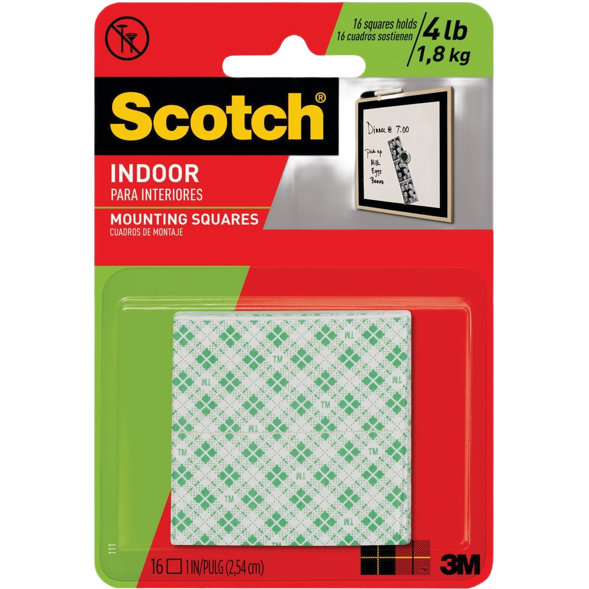 Package of 16 indoor mounting adhesive squares by Scotch, designed for home improvement with 4 lb weight hold capacity