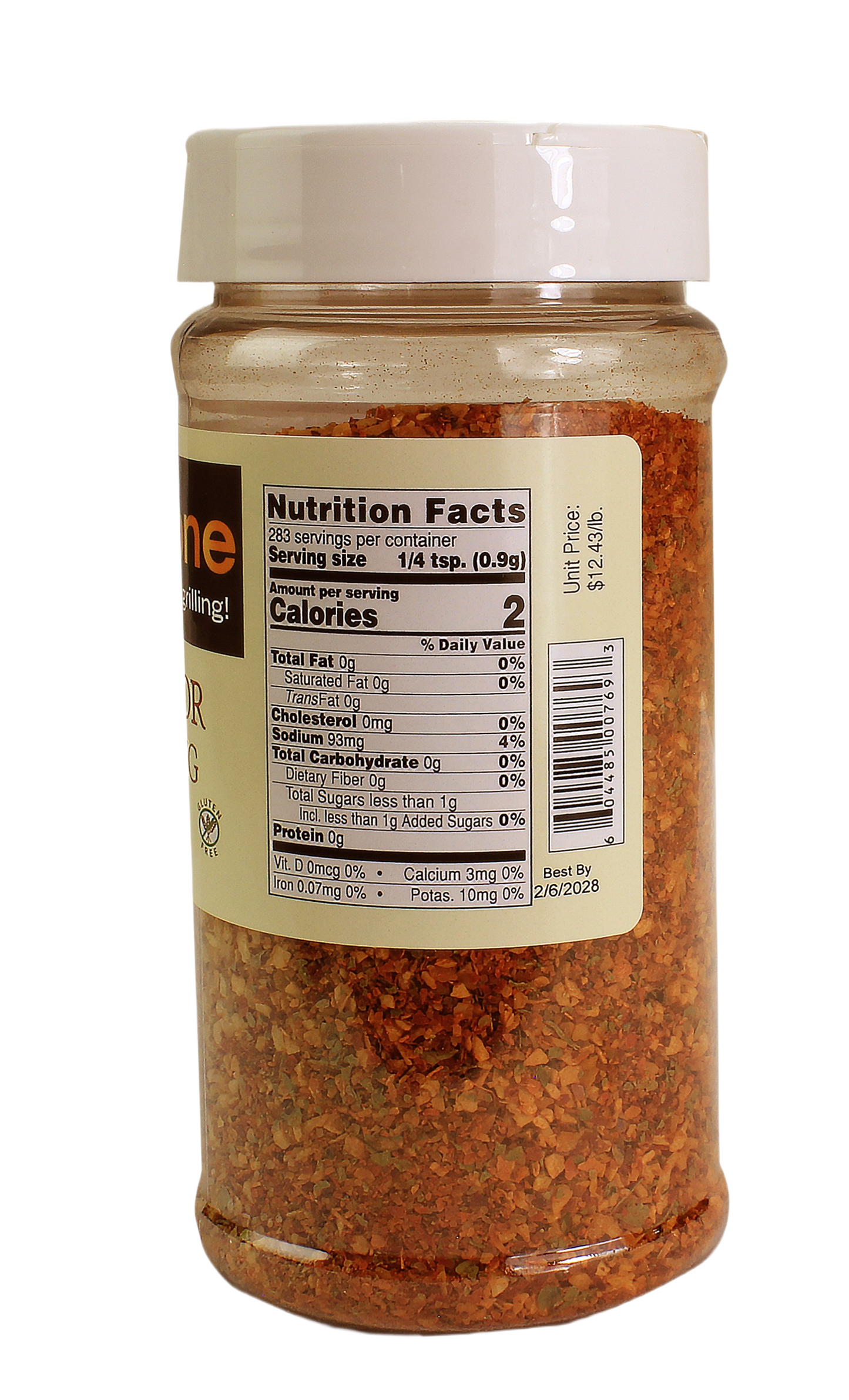 Clear plastic seasoning container with white lid filled with reddish-orange al pastor spice blend for grilling collections