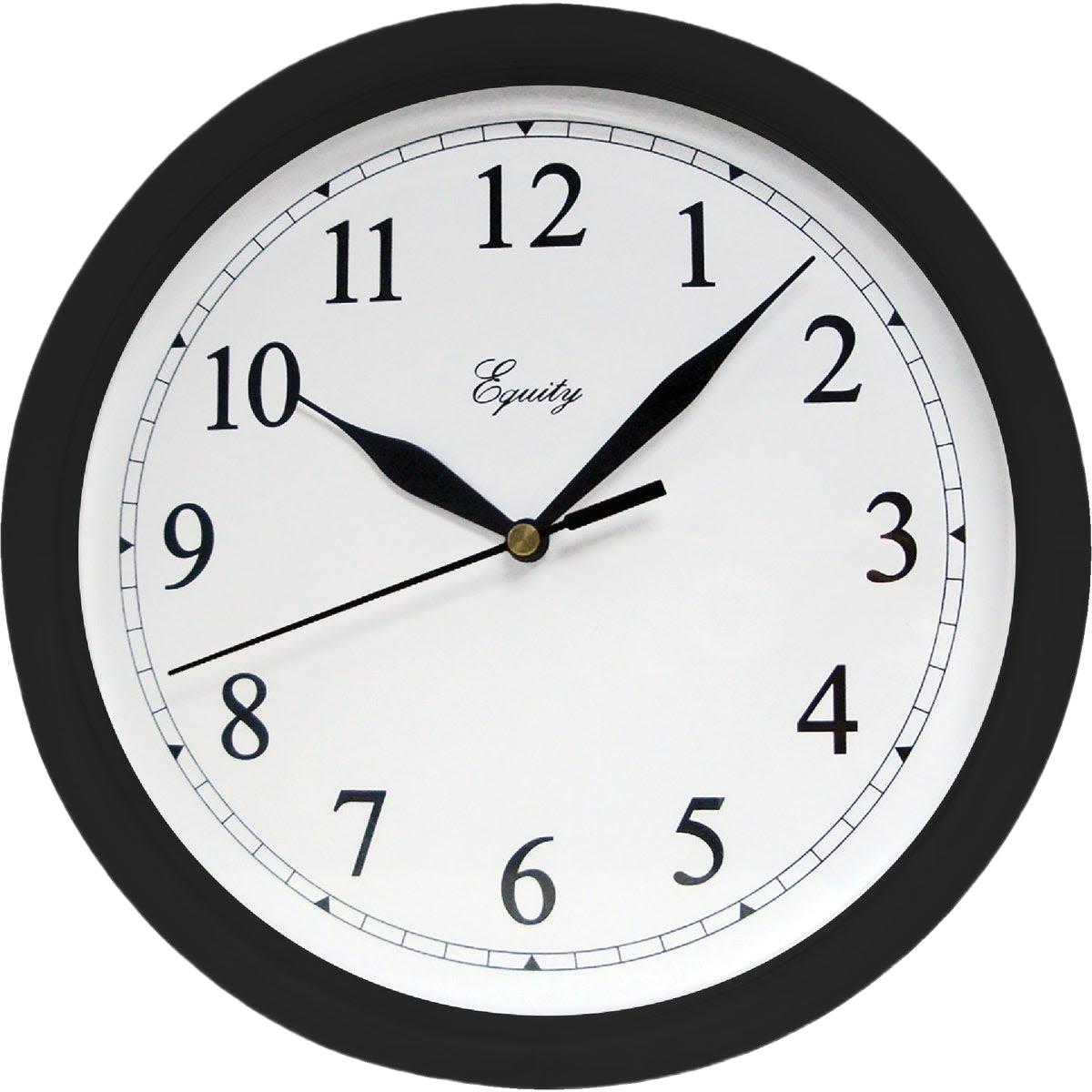 Round black quartz wall clock with clear white face and bold black numbers for home improvement use