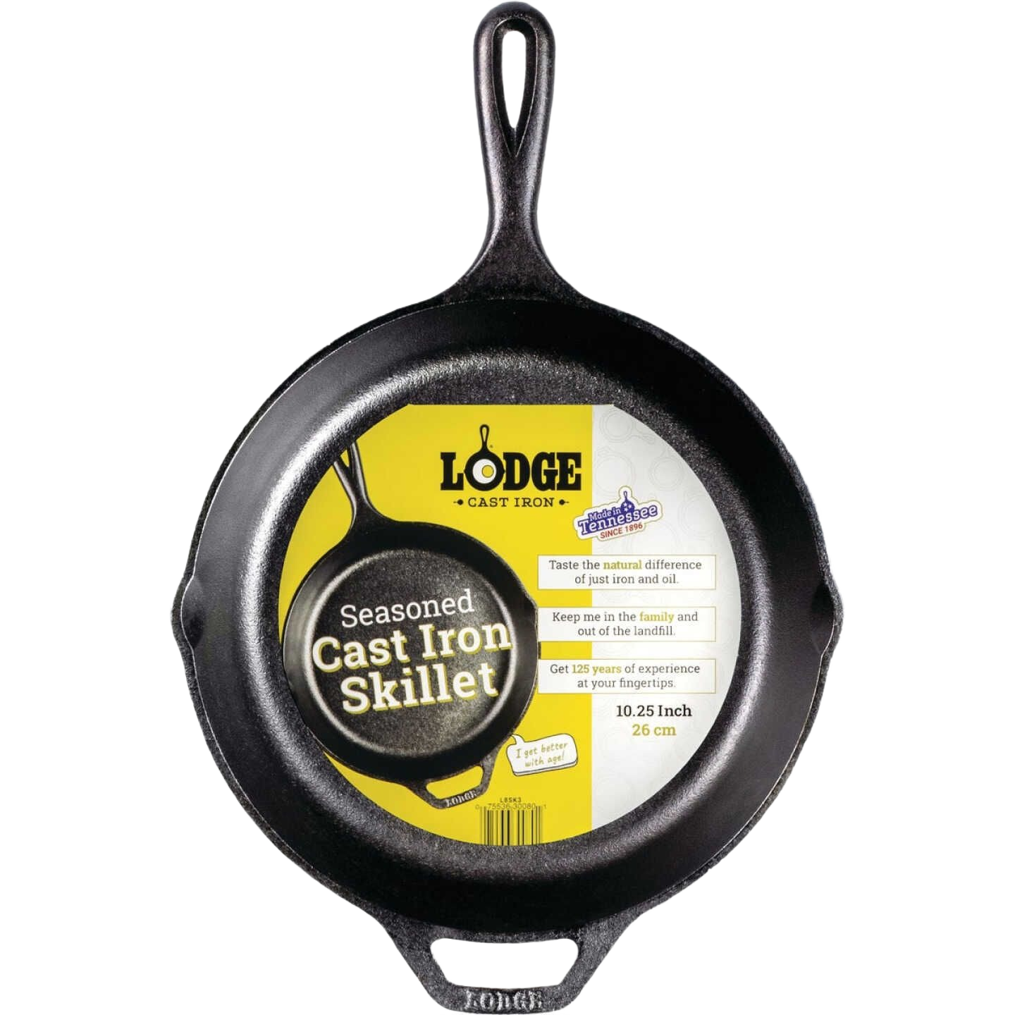Seasoned black cast iron skillet with assist handle and label highlighting durability and cooking quality for home improvement tasks