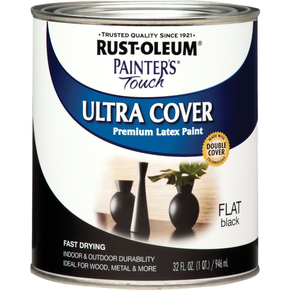 Can of Rust-Oleum flat black ultra cover premium latex paint for specialty paint and home improvement collections