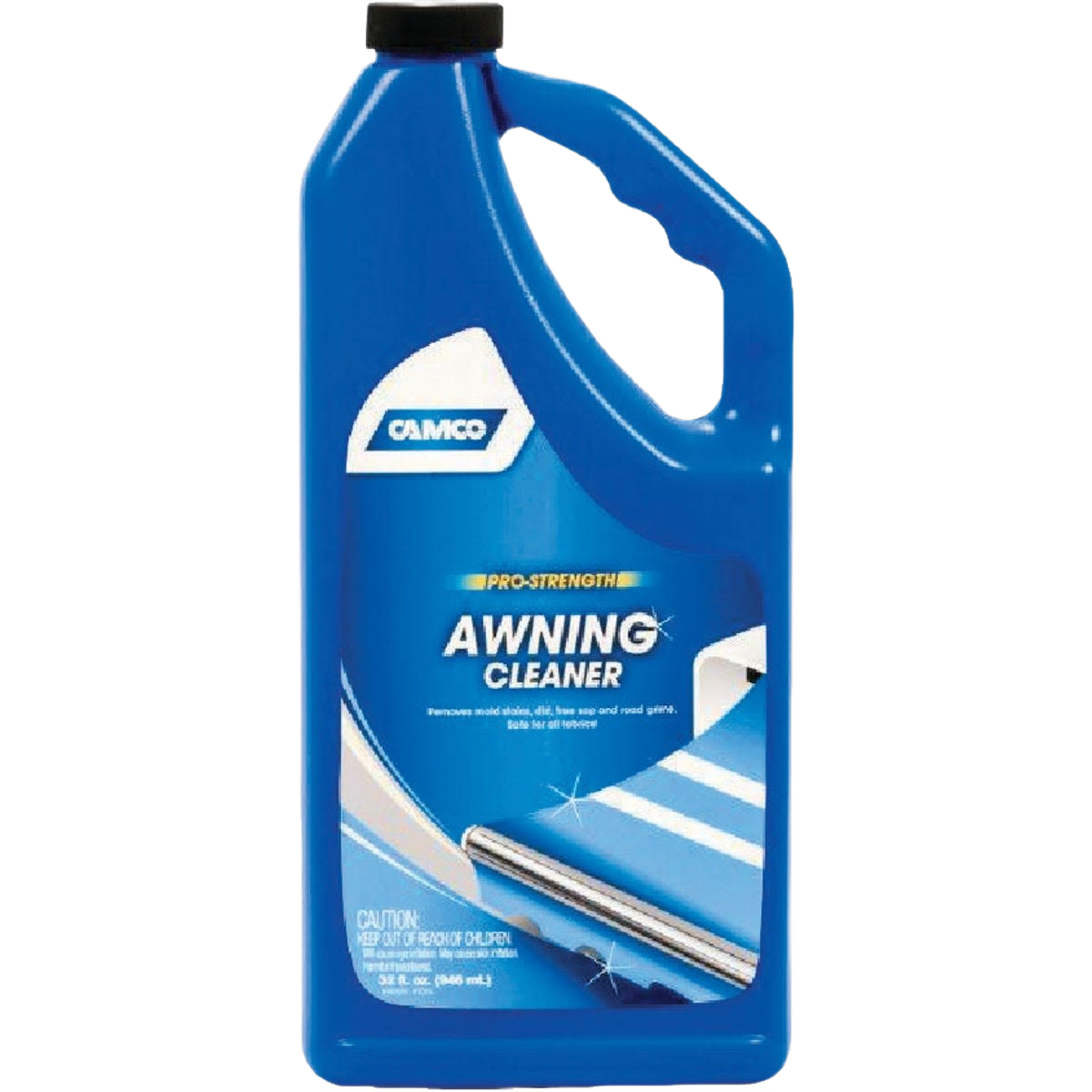 Blue plastic jug of pro-strength awning cleaner with built-in handle for outdoor home improvement use