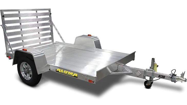 Aluminum utility trailer with ramp gate, single axle, and polished metal surface for hauling equipment and tools