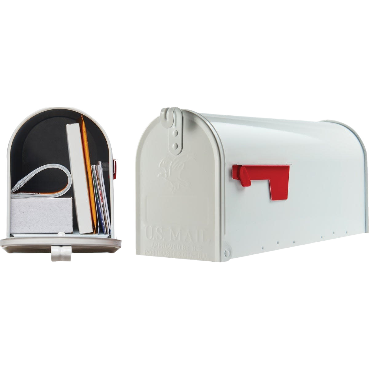 White rural style mailbox with red flag and open view showing mail inside for home improvement projects
