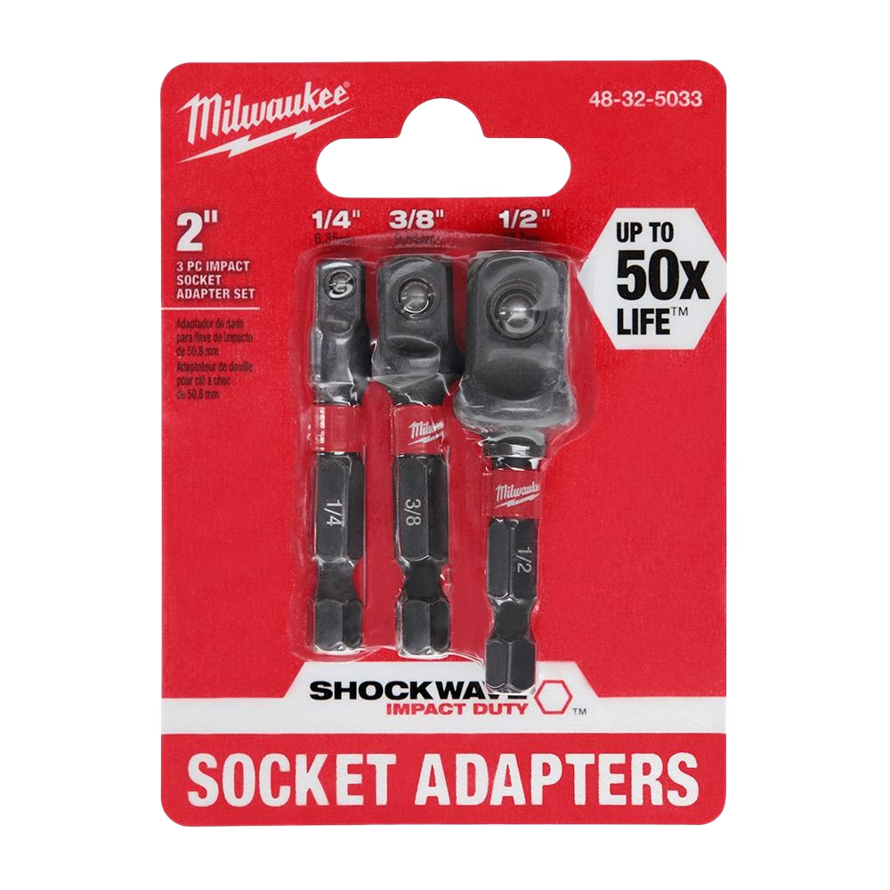 Three-piece impact hex shank socket adapter set in metal with red Milwaukee packaging for tool accessories collections
