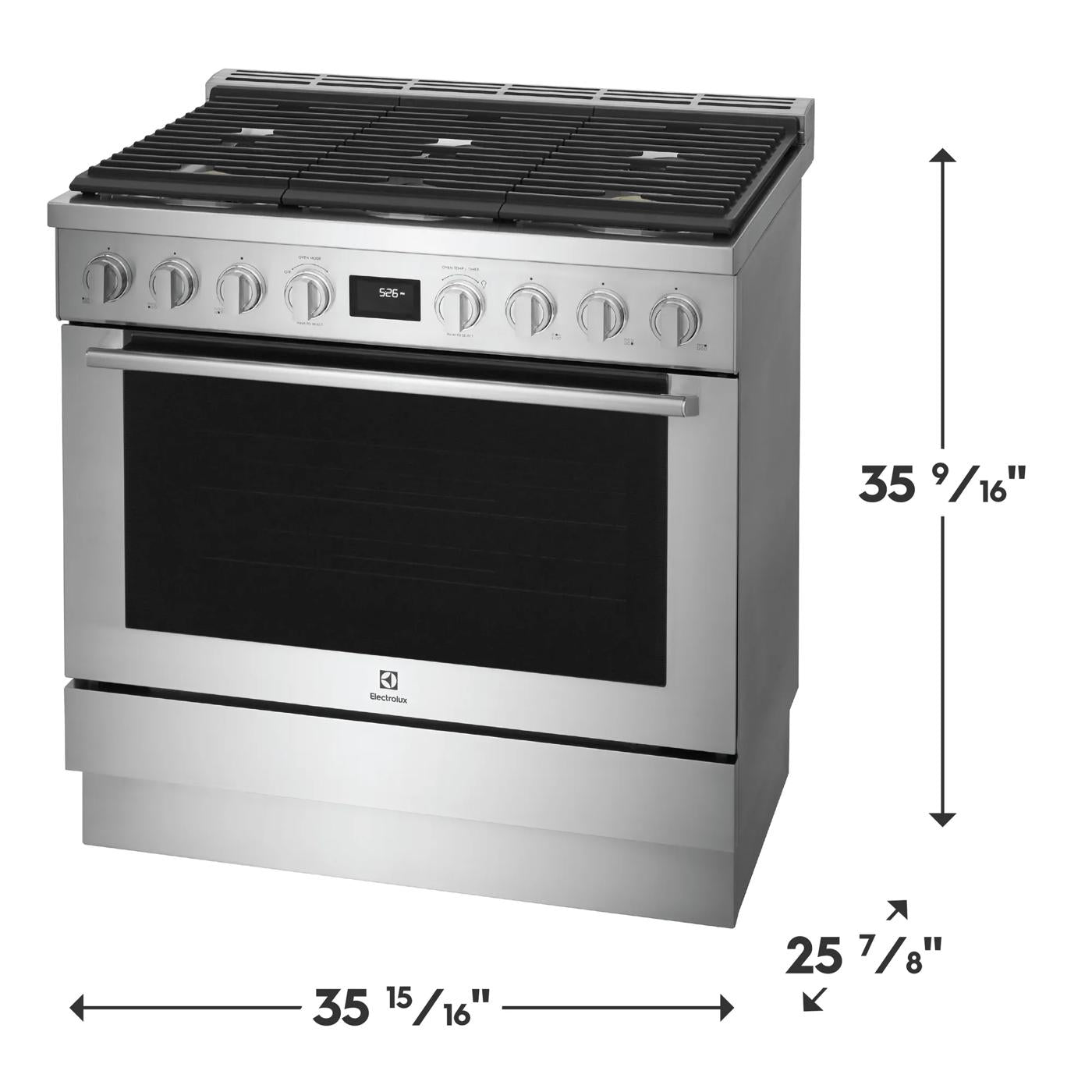 Free-standing stainless steel dual-fuel range with six gas burners, digital display, and large electric oven in kitchen collection