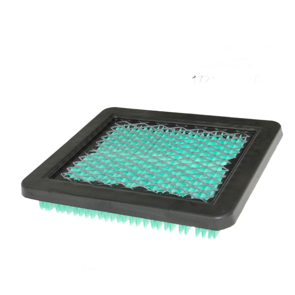Square engine air filter with green pleated material and black plastic frame for Honda vehicle parts and lubricants collection