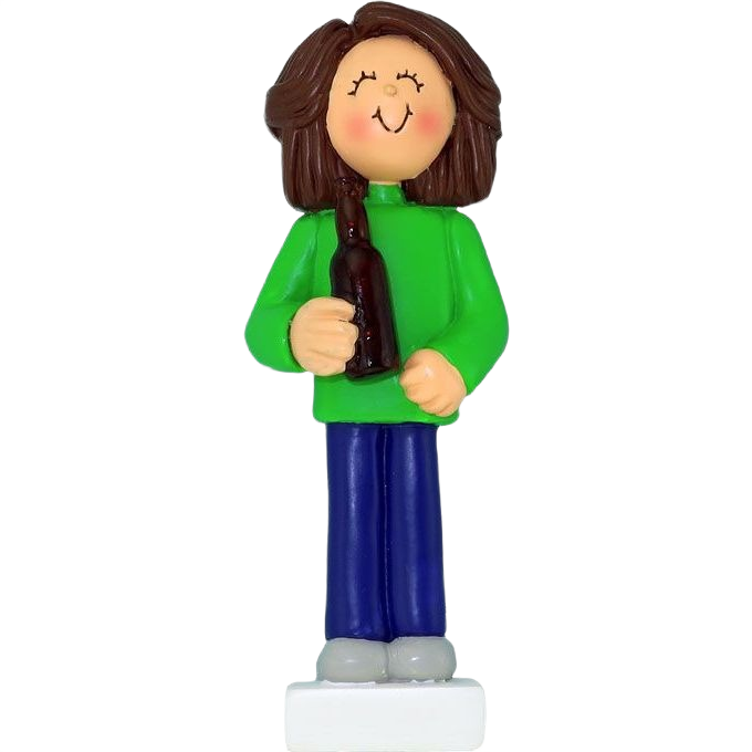 Decorative brunette female figurine holding a dark beer bottle for Christmas Ornaments & Tree Decorations under $50 collection
