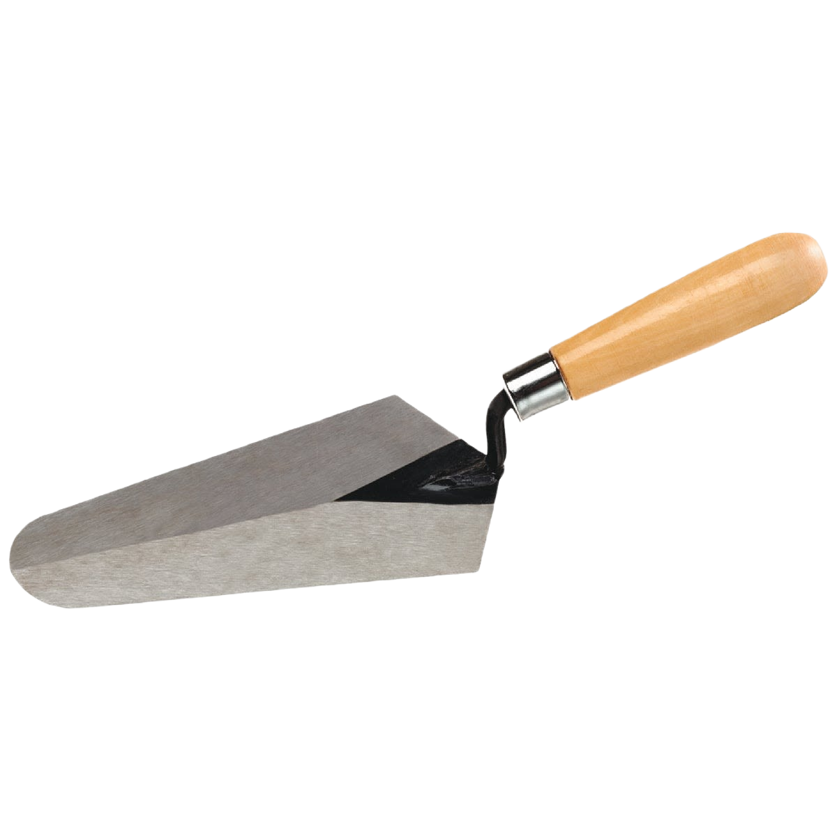 Triangular steel gauging trowel with polished blade and smooth wooden handle for home improvement projects