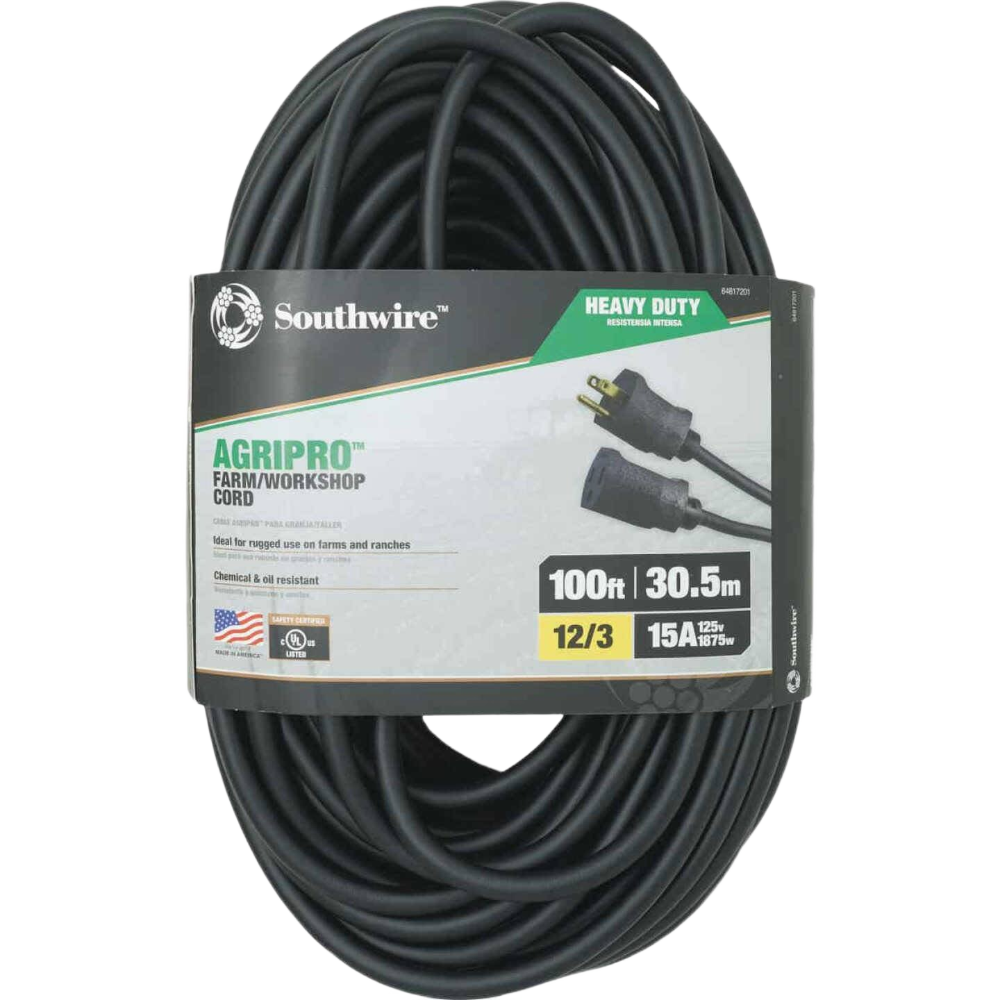 Heavy-duty 100 ft black rubber extension cord with 15 amp rating for electrical and home improvement use