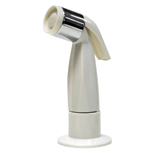 White kitchen side spray with chrome nozzle and thumb trigger for faucets and plumbing repair parts collections