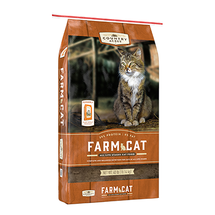 Brown and orange bag of Country Acres Farm Cat dry cat food featuring a sitting tabby cat on the front panel