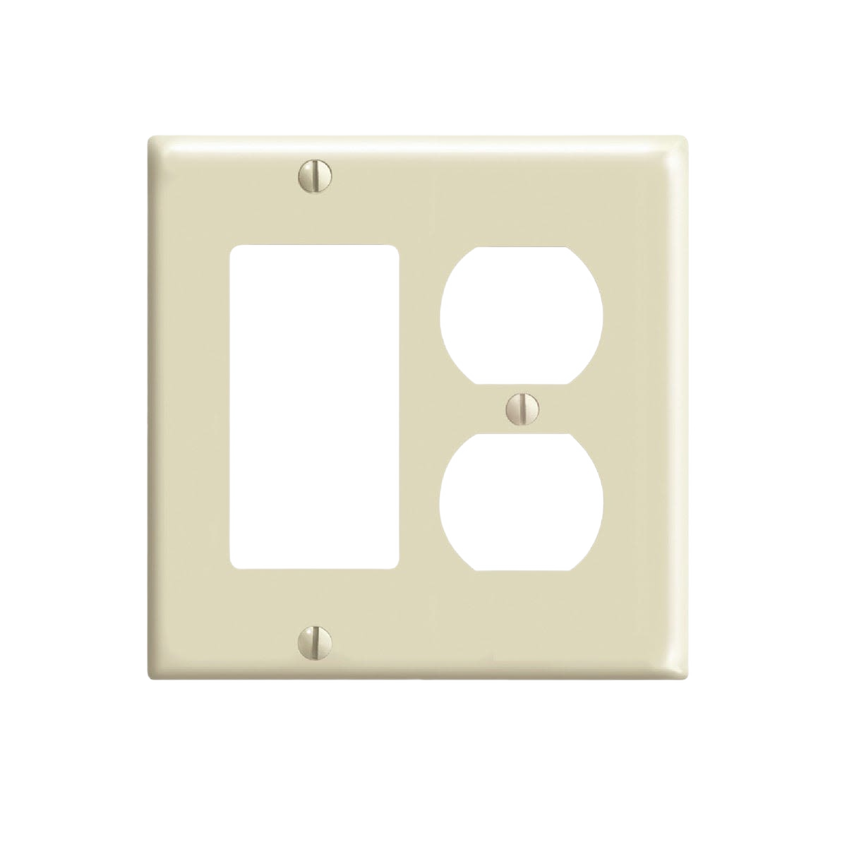 Ivory-colored 2-gang outlet wall plate with rocker and duplex openings for home improvement installations
