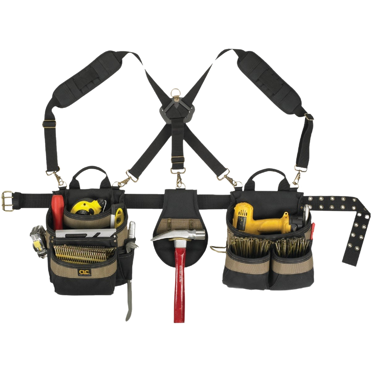 Adjustable padded carpenter apron system with multiple tool pouches for woodworking and workshop organization under $100 collection