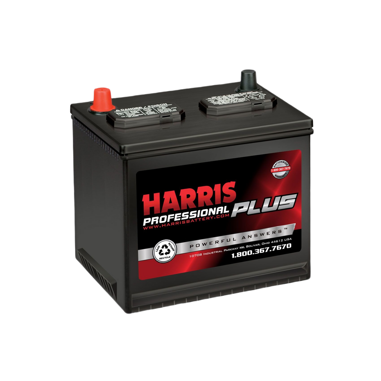 Black automotive flooded lead acid battery with red and black terminals for use in automotive and home improvement collections