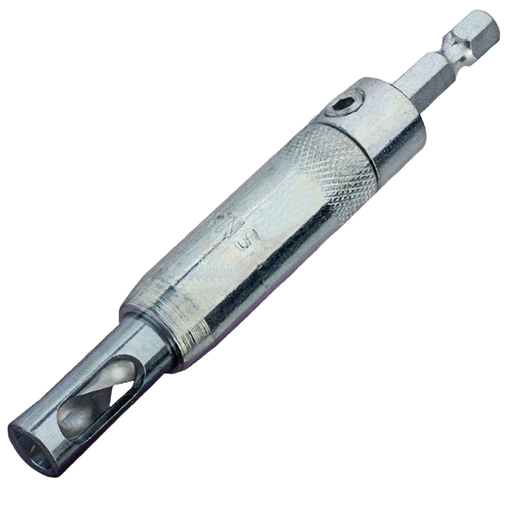 Chrome-finished shelf pin drill guide with knurled grip for precise 1/4 inch hole drilling in tool accessories collection