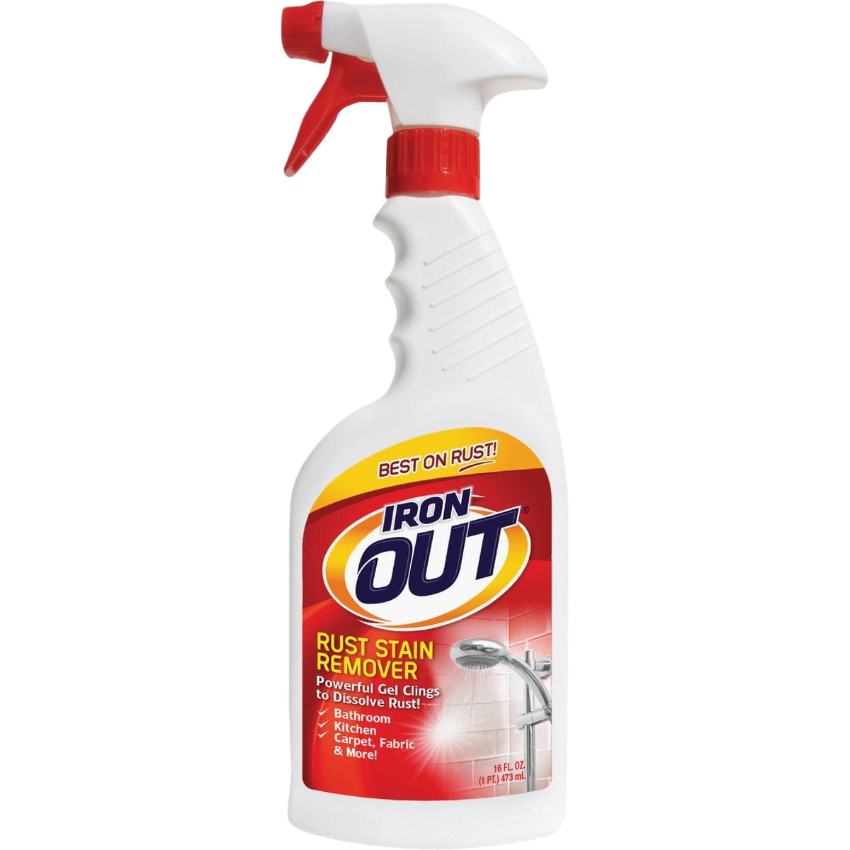 Bottle of Iron OUT Rust Stain Remover spray for cleaning rust from bathroom, kitchen, carpet, and fabric surfaces