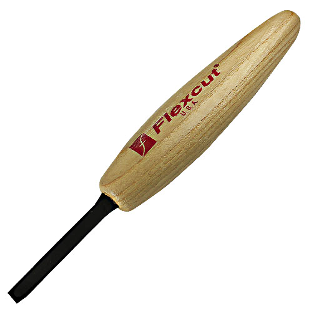 Wood carving tool with ergonomically shaped light wood handle and short black chisel blade for detailed work