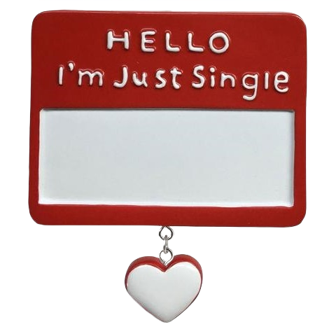 Red personalized Christmas ornament with "Hello I'm Just Single" text and dangling white heart for tree decoration under $50