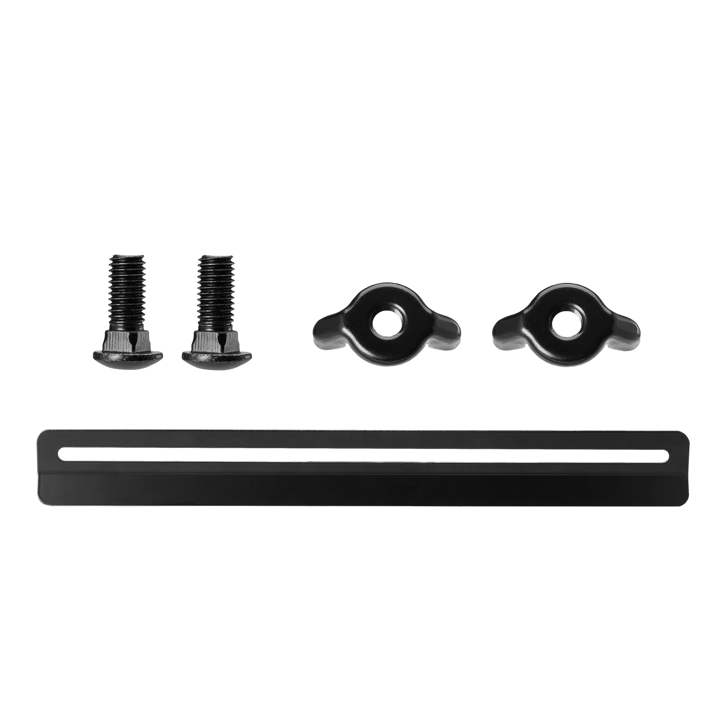 Black drift cutter mounting hardware including two bolts, two wing nuts, and a slotted metal attachment bracket for power tools.