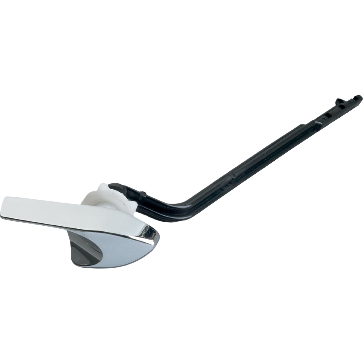 Polished chrome trip lever with extended black arm for home improvement and plumbing fixture repair tasks