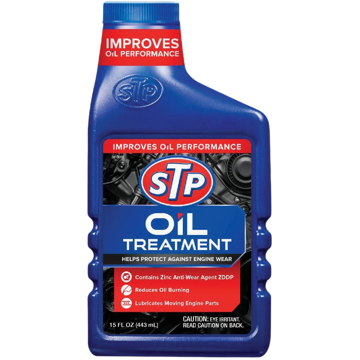 Blue plastic container of oil treatment with red label highlighting engine wear protection and performance improvement