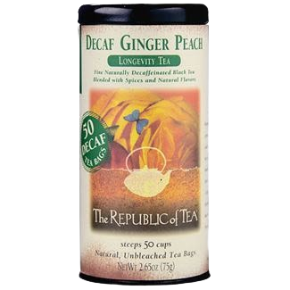 Tin container of decaf ginger peach black tea with 50 natural unbleached bags for flavorful caffeine-free brewing
