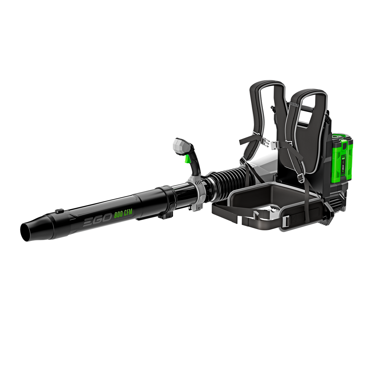 Heavy-duty backpack blower with dual green batteries and ergonomic harness for home improvement and outdoor tools