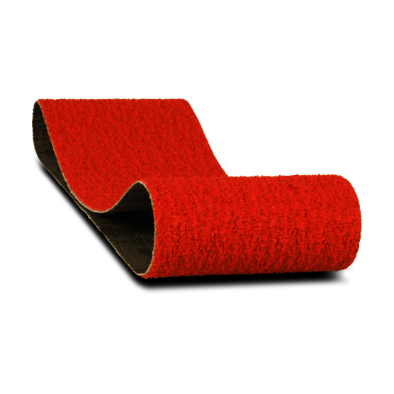 Red 50-grit sanding belt rolled loosely for power sanders in tools and home improvement tasks
