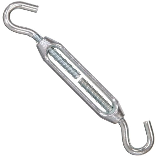 Zinc-plated metal hook turnbuckle with threaded body for tension adjustment in tools and home improvement projects