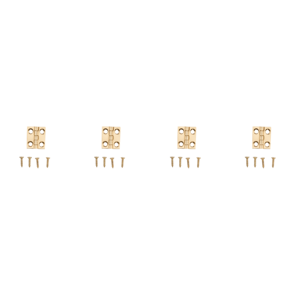 Set of four narrow solid brass decorative hinges with screws for small woodworking and home improvement projects under $50