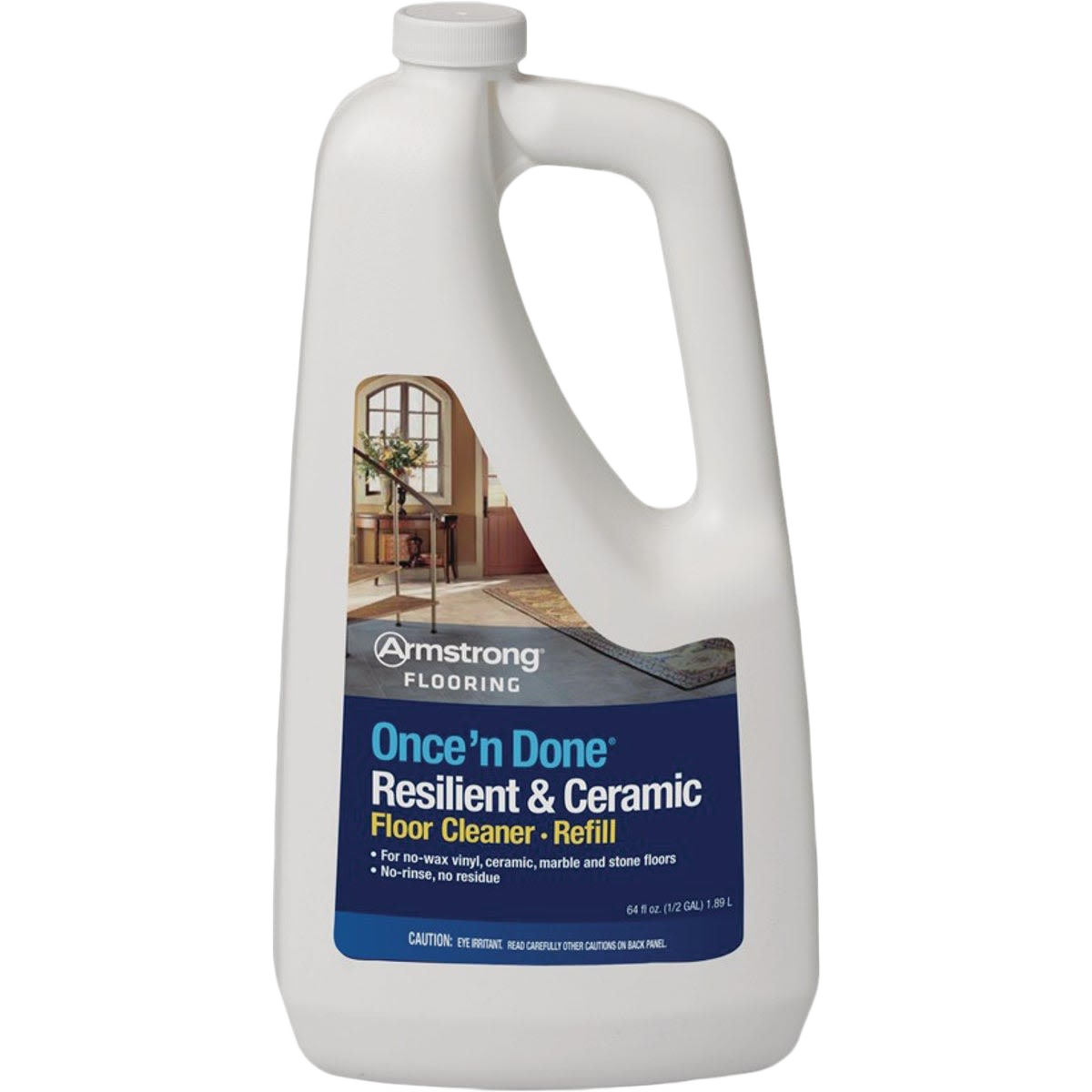 White plastic jug of non-rinse resilient and ceramic floor cleaner refill in cleaning supplies collection