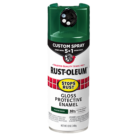 Gloss hunter green protective enamel spray can with Rust-Oleum branding for home improvement projects
