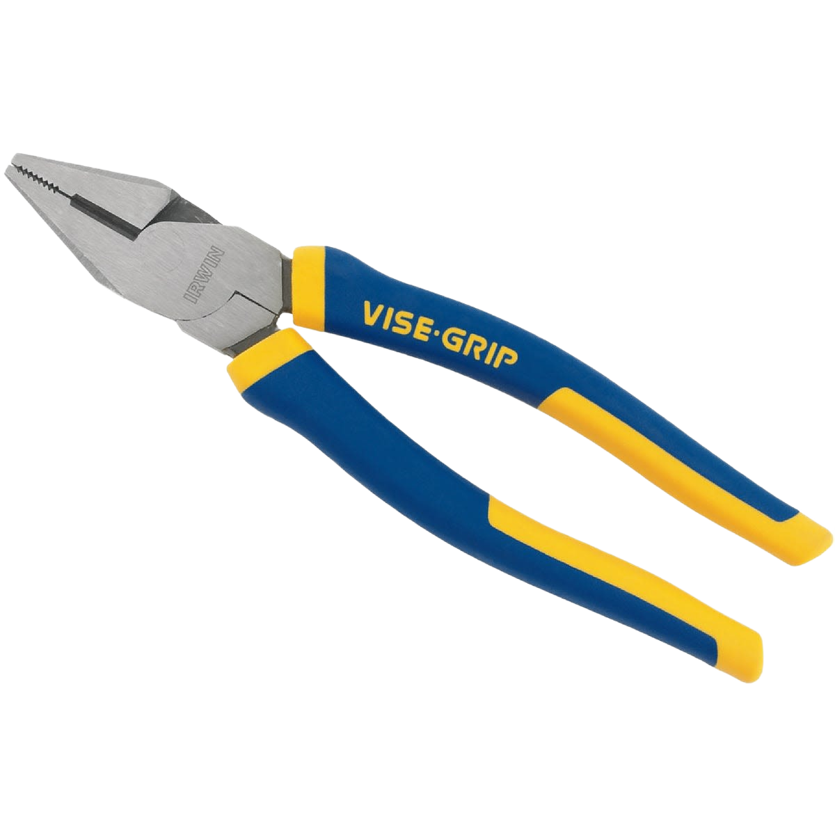 Metal linesman pliers with blue and yellow ergonomic grips designed for electrical and home improvement tasks