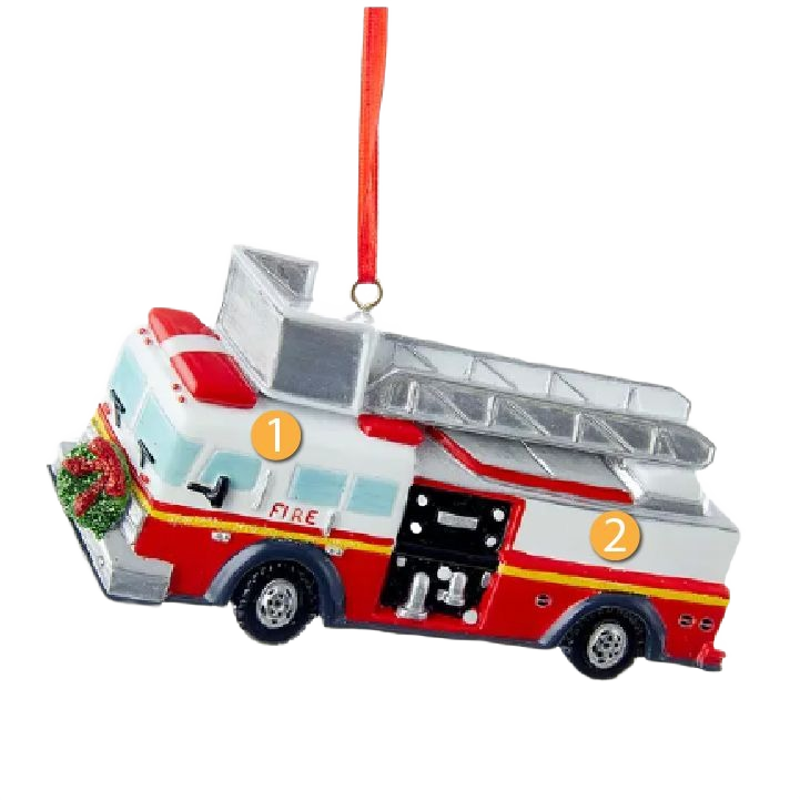 Red and white fire truck Christmas ornament with detailed ladder and wreath decoration for holiday tree collections under $50