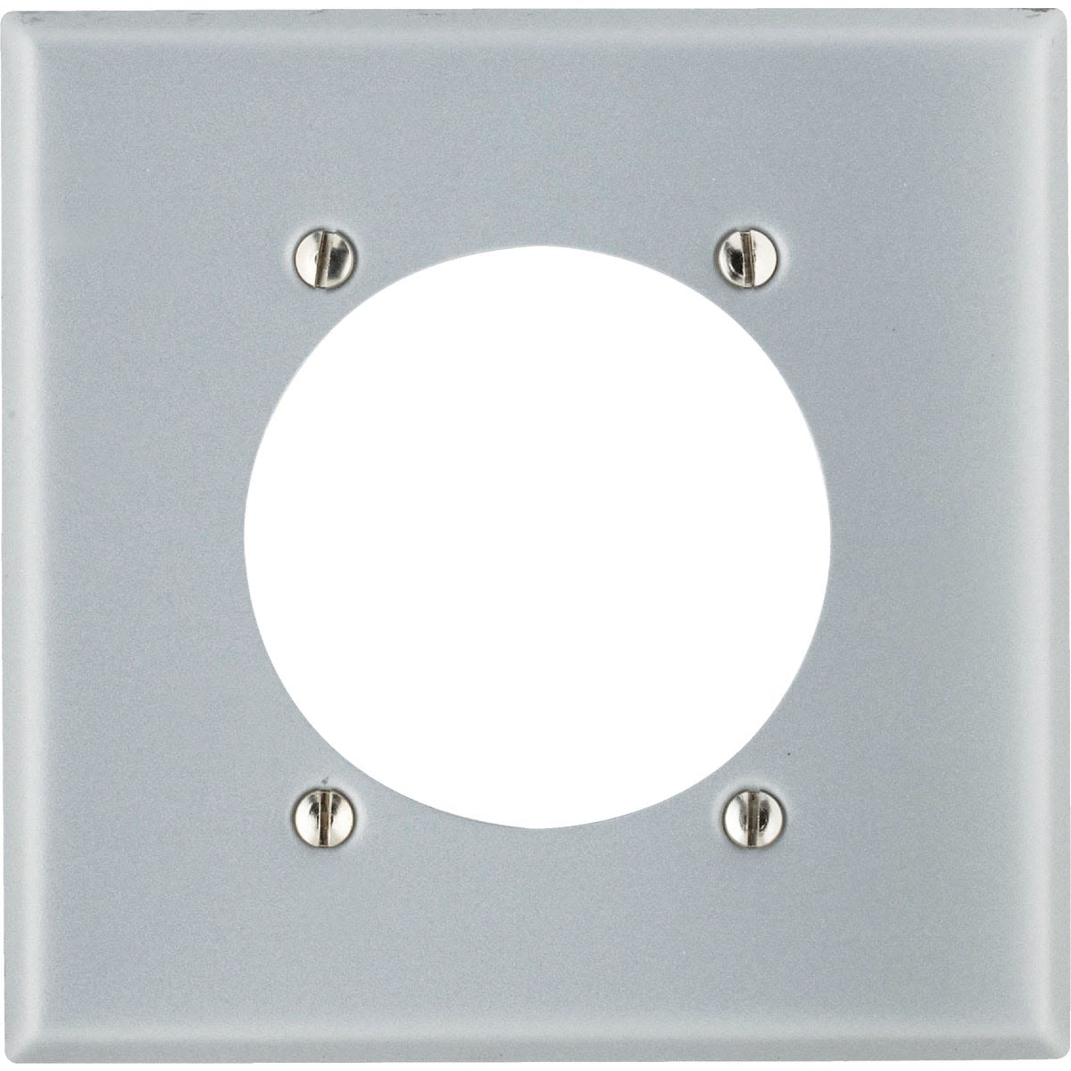 Steel 2-gang wall plate with circular opening and screw holes for range or dryer installation in home improvement tasks