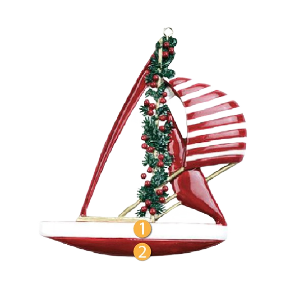 Red and white striped sailboat ornament decorated with green garland and red berries for Christmas tree decor under $50
