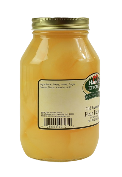 Glass jar filled with pear halves in syrup, sealed with a gold metal lid and Hartville Kitchen label visible