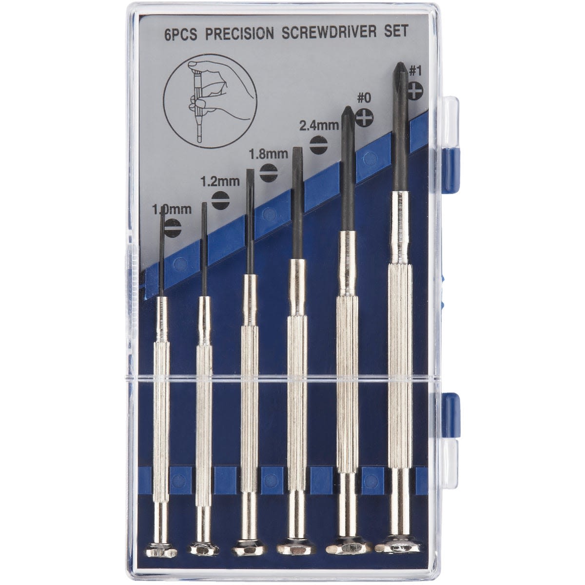 Set of six precision screwdrivers with metal handles and assorted flathead and Phillips tips for detailed tool tasks