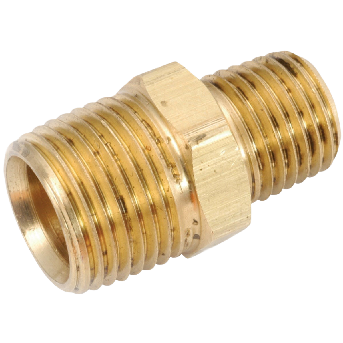Red brass reducing hex nipple fitting for plumbing connecting 1/2 inch to 3/8 inch pipes in home improvement projects