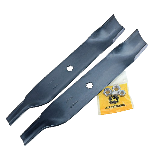 Pair of black steel lawn mower blades with mounting nuts and John Deere logo packaging for tools and home improvement.