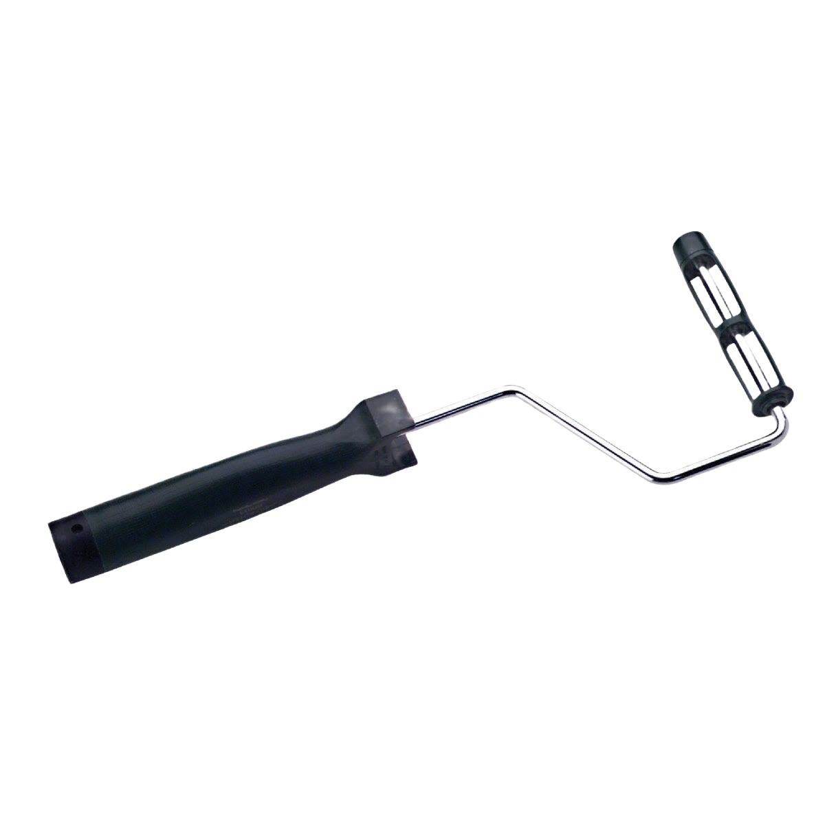 Black plastic handle paint roller frame with metal cage designed for smooth rolling in home improvement projects