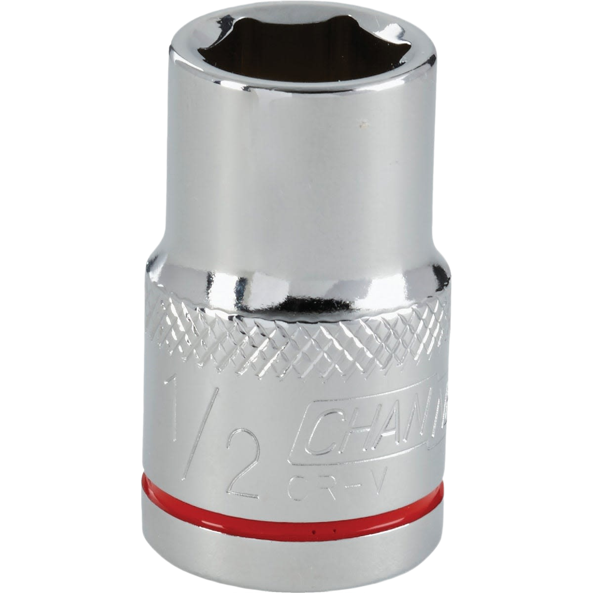 Shiny steel 6-point shallow impact socket with color-coded band for hand tools and home improvement collections