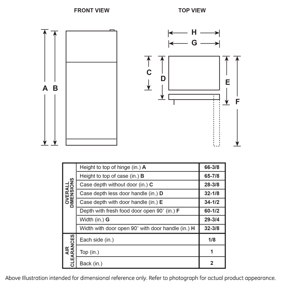 Line drawing with dimensional measurements for a top-freezer refrigerator, showing front and top views with clearance details.